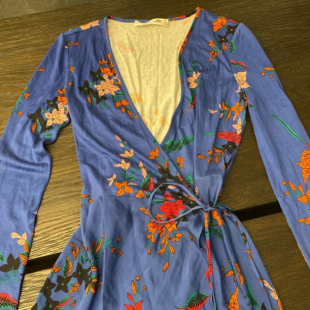 DVF wrap dress in blue floral print.
